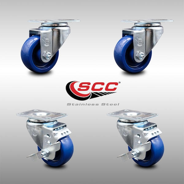 3 Inch SS Solid Polyurethane Swivel Top Plate Caster Set with 2 Brakes SCC